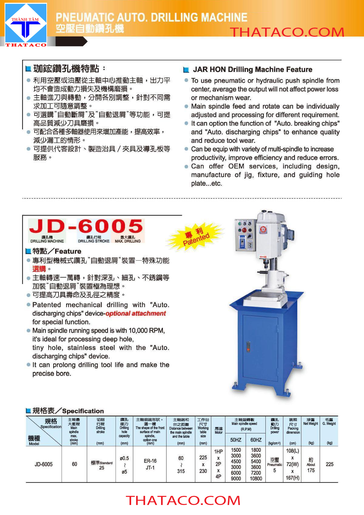 thông số Máy Khoan Tự Động JT-6005E